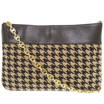 Celine Triomphe Chain Houndstooth Fabric Leather Beige Bag 0421Celine