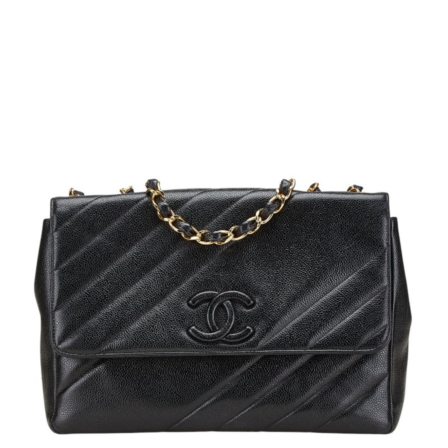 Chanel Coco Mark Bias Stitch Chain Shoulder Bag In Black Caviar Leather