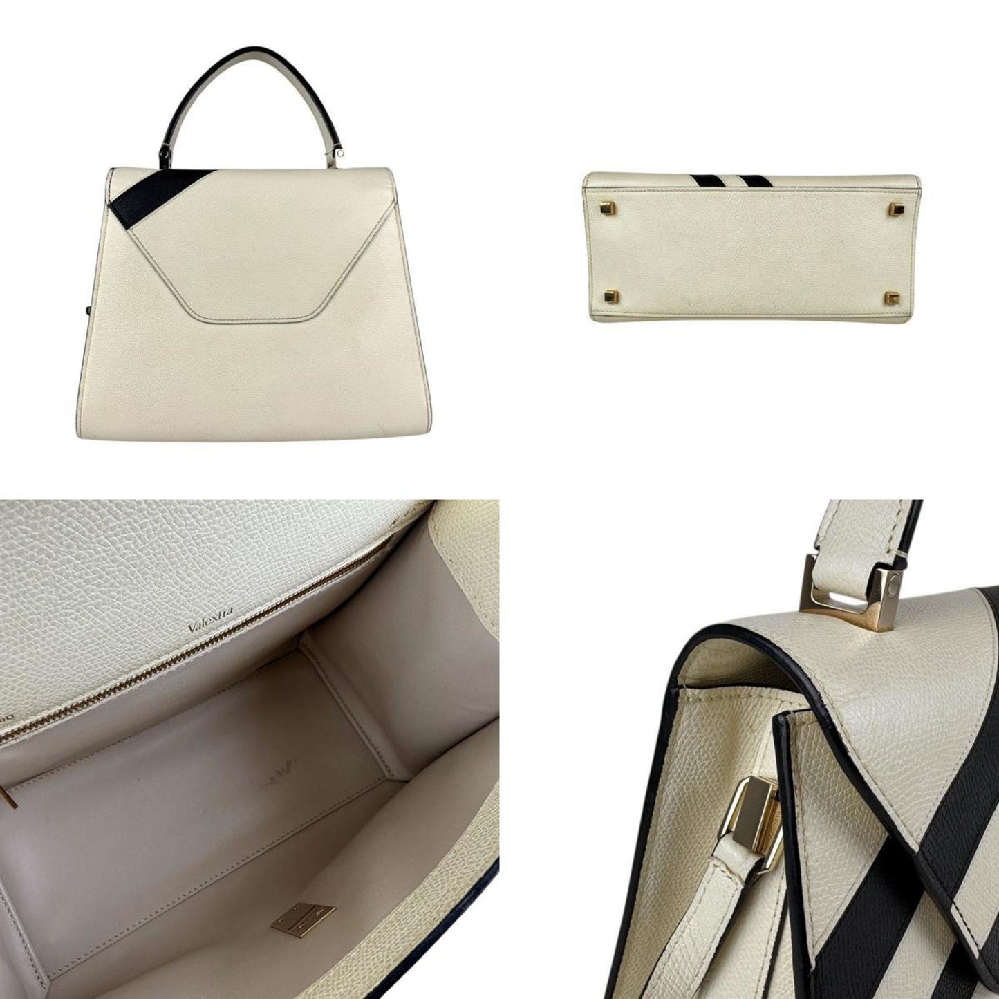 Valextra Handbag Shoulder Bag Medium Iside Intarsia Stripe Leather Ivory Black Gold