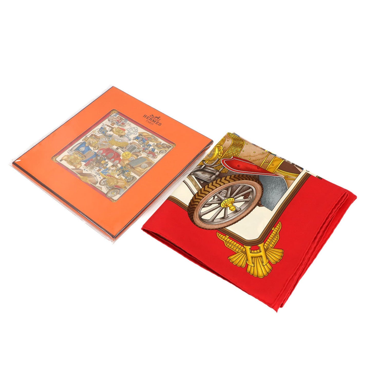 Hermes Herms Carre 90 Large Scarf "Automobile" 100% Silk Red Multicolor