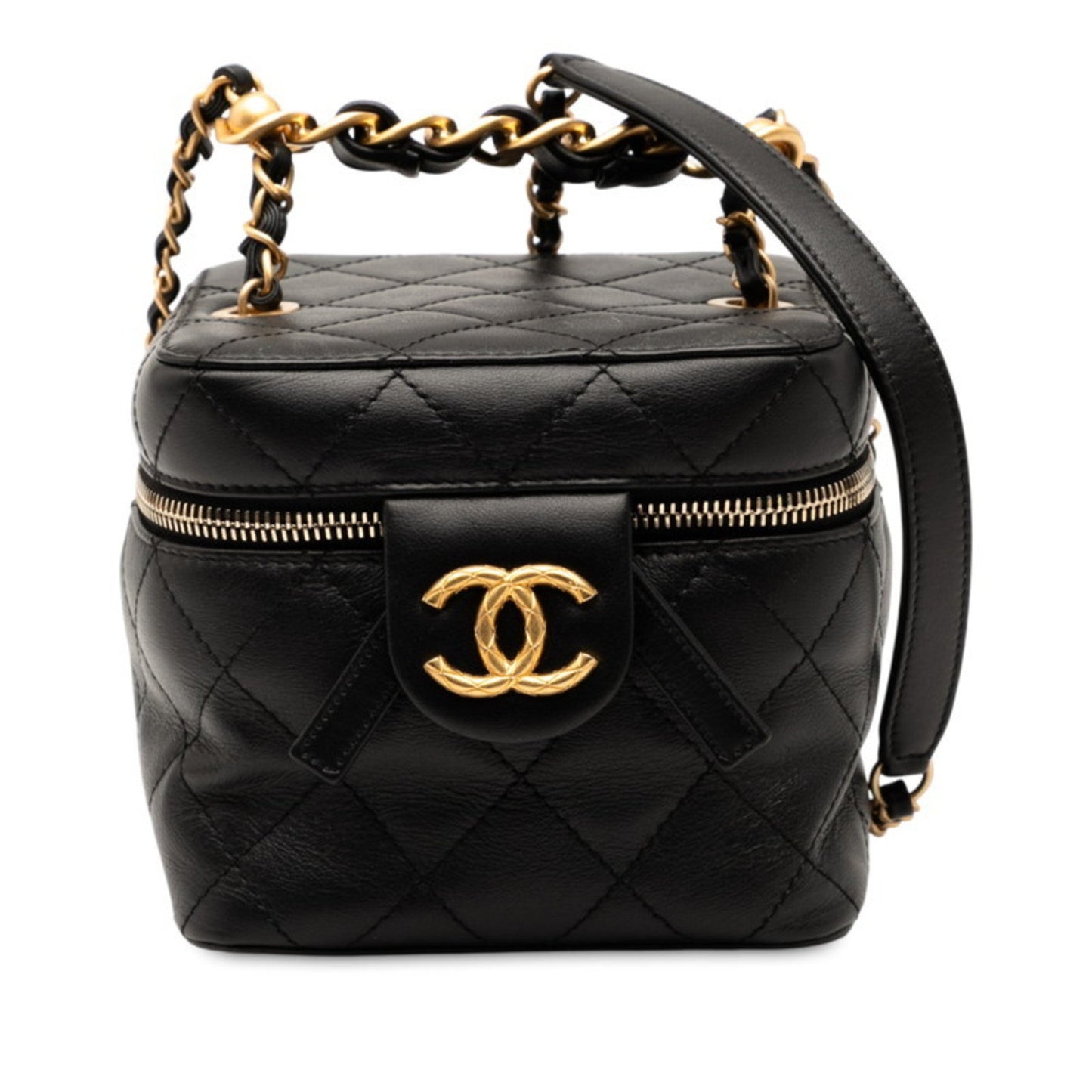 Chanel Coco Mark Matelasse Chain Shoulder Bag Vanity Black Lambskin