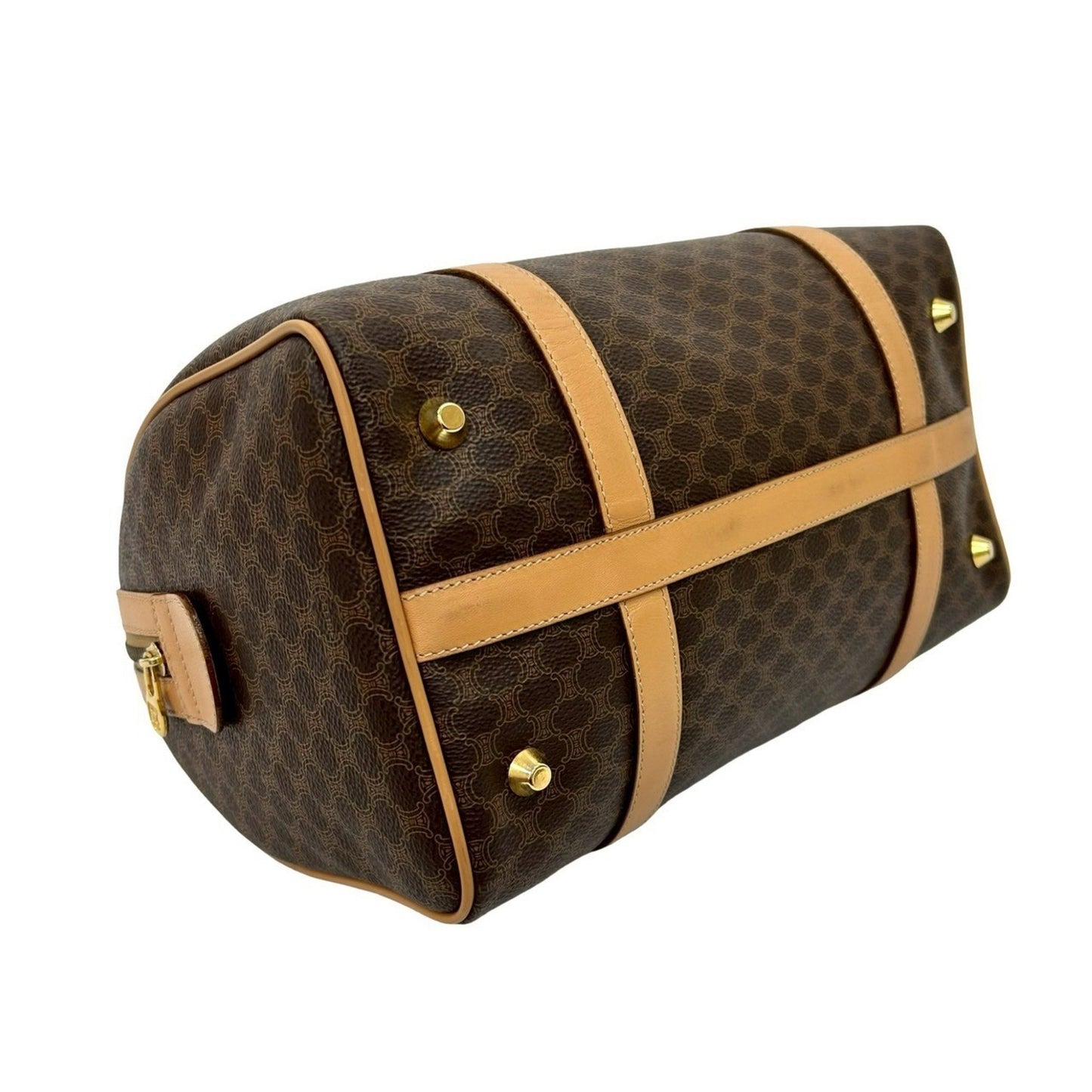 Nearly Unused Celine Macadam Pattern Triomphe Logo Leather Handbag/Mini Boston Bag In Brown