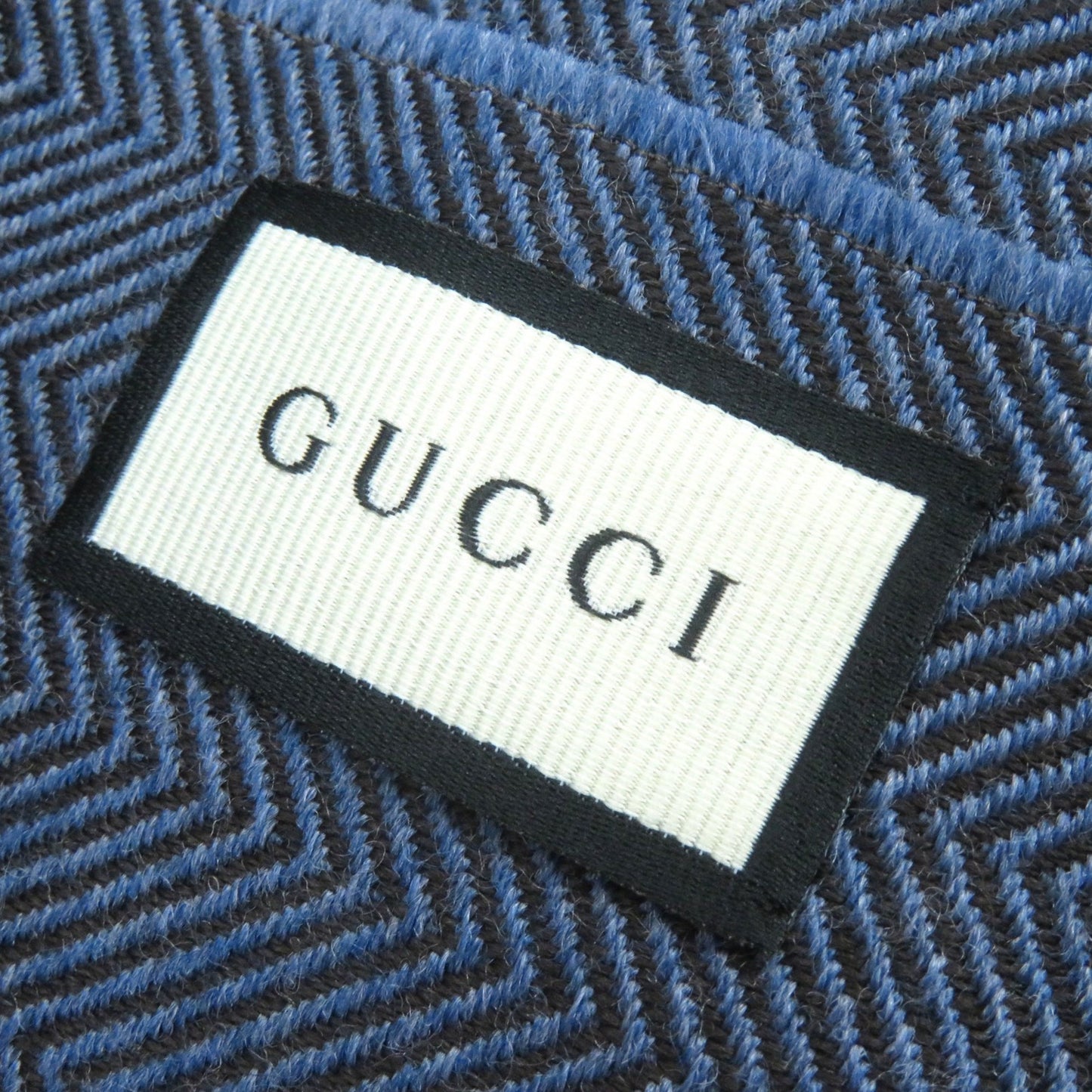 Gucci 100% Wool Herringbone Pattern Shawl With Embroidered Logo And Fringe