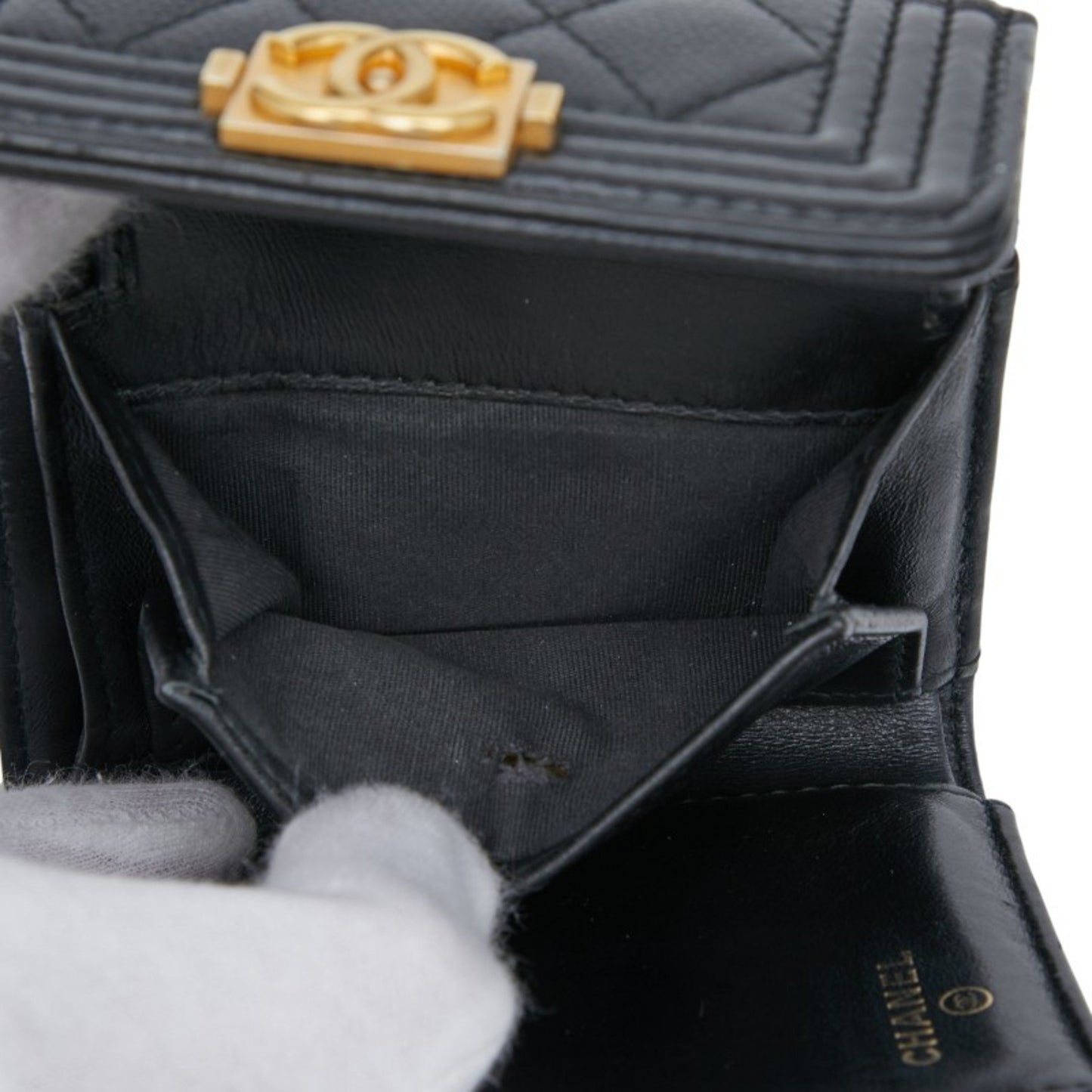 Chanel Matelasse Boy Chanel Coco Mark Bifold Wallet Black Caviar Skin