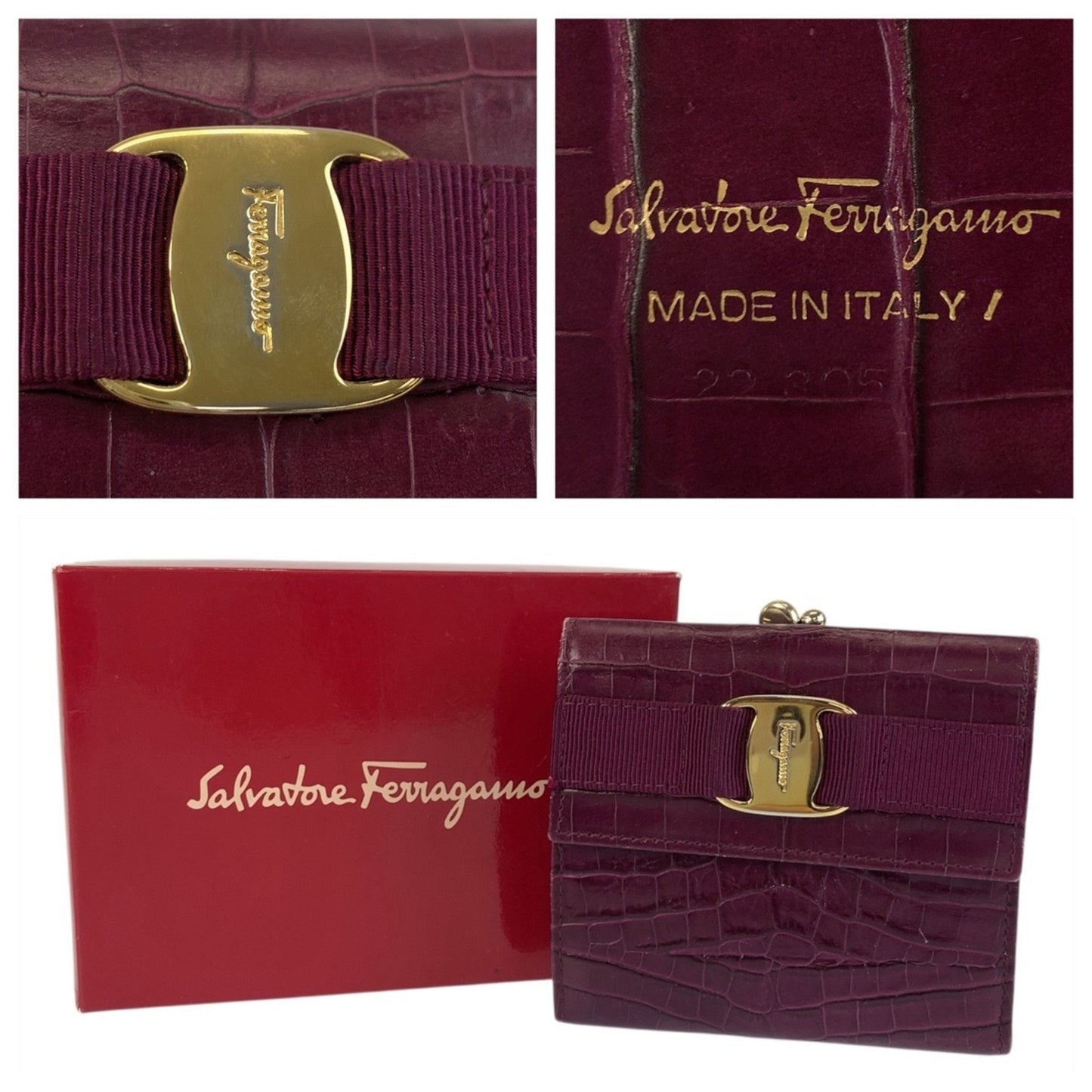 Salvatore Ferragamo Vara Embossed Wine Red Leather Wallet With Gold Hardware