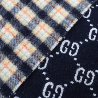 Gucci 597527 100% Wool Check And Gg Pattern Reversible Scarf With Fringe