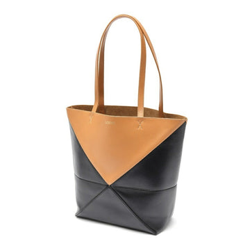 Loewe Puzzle Fold Tote Shiny Calf Leather Black Camel T-159146