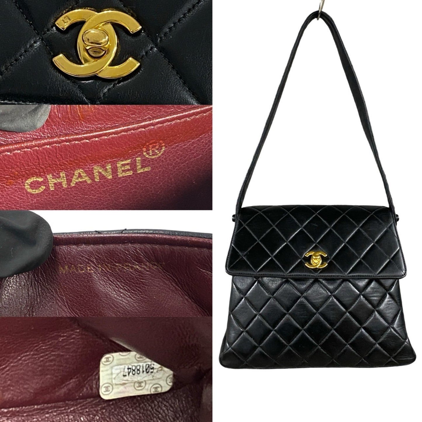 Chanel Matelasse Coco Mark Lambskin Genuine Leather One-Shoulder Bag Tote Black 37958