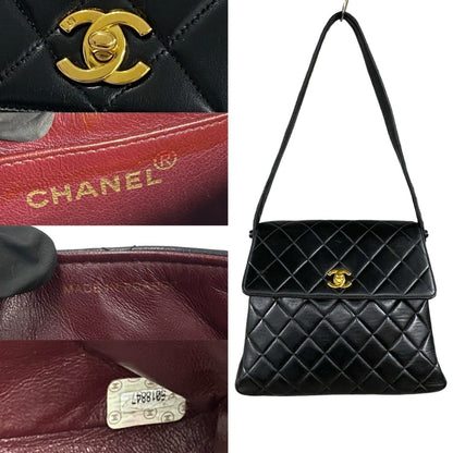 Chanel Matelasse Coco Mark Lambskin Genuine Leather One-Shoulder Bag Tote Black 37958