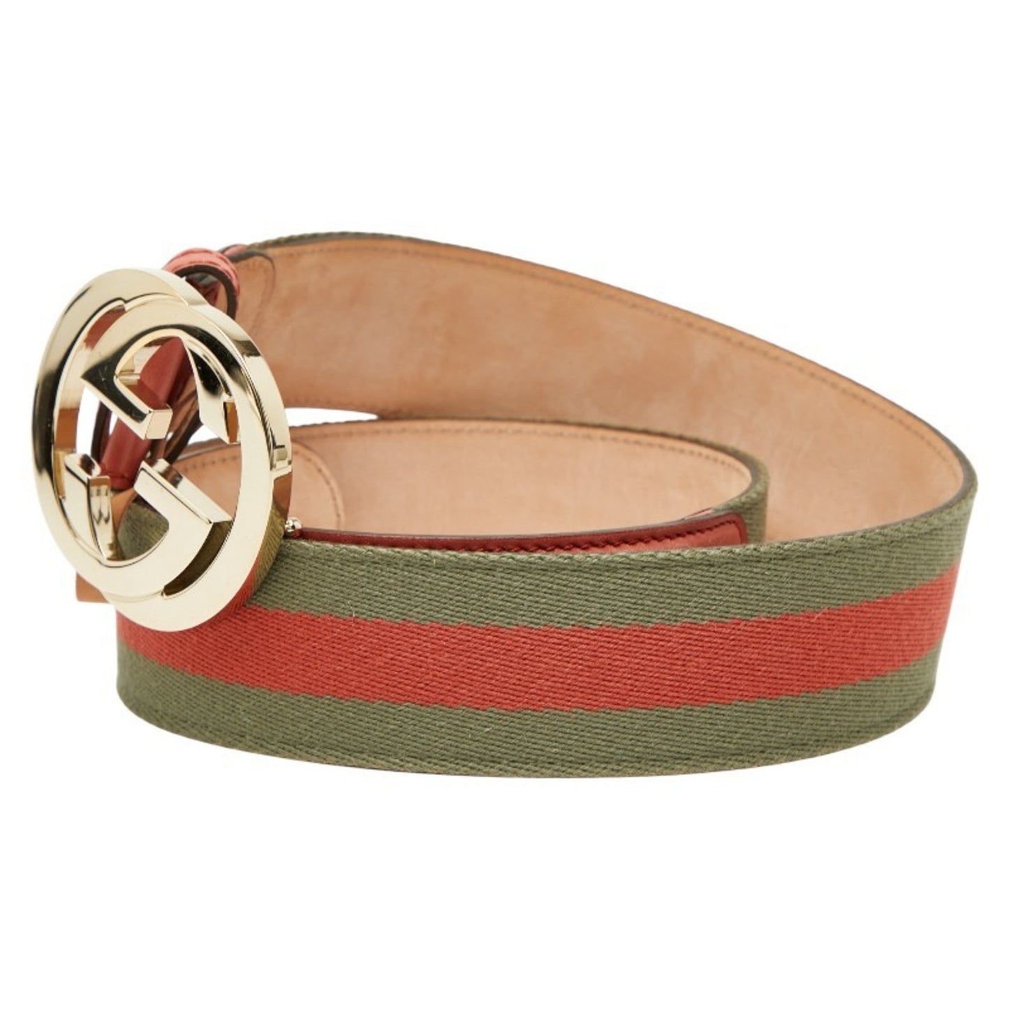 Gucci Interlocking G Belt 85.34 114876 Khaki Pink Leather Canvas