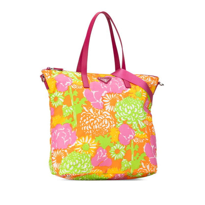 Prada Triangle Flower Motif Tote Bag Shoulder Pink Orange Multicolor Nylon Leather