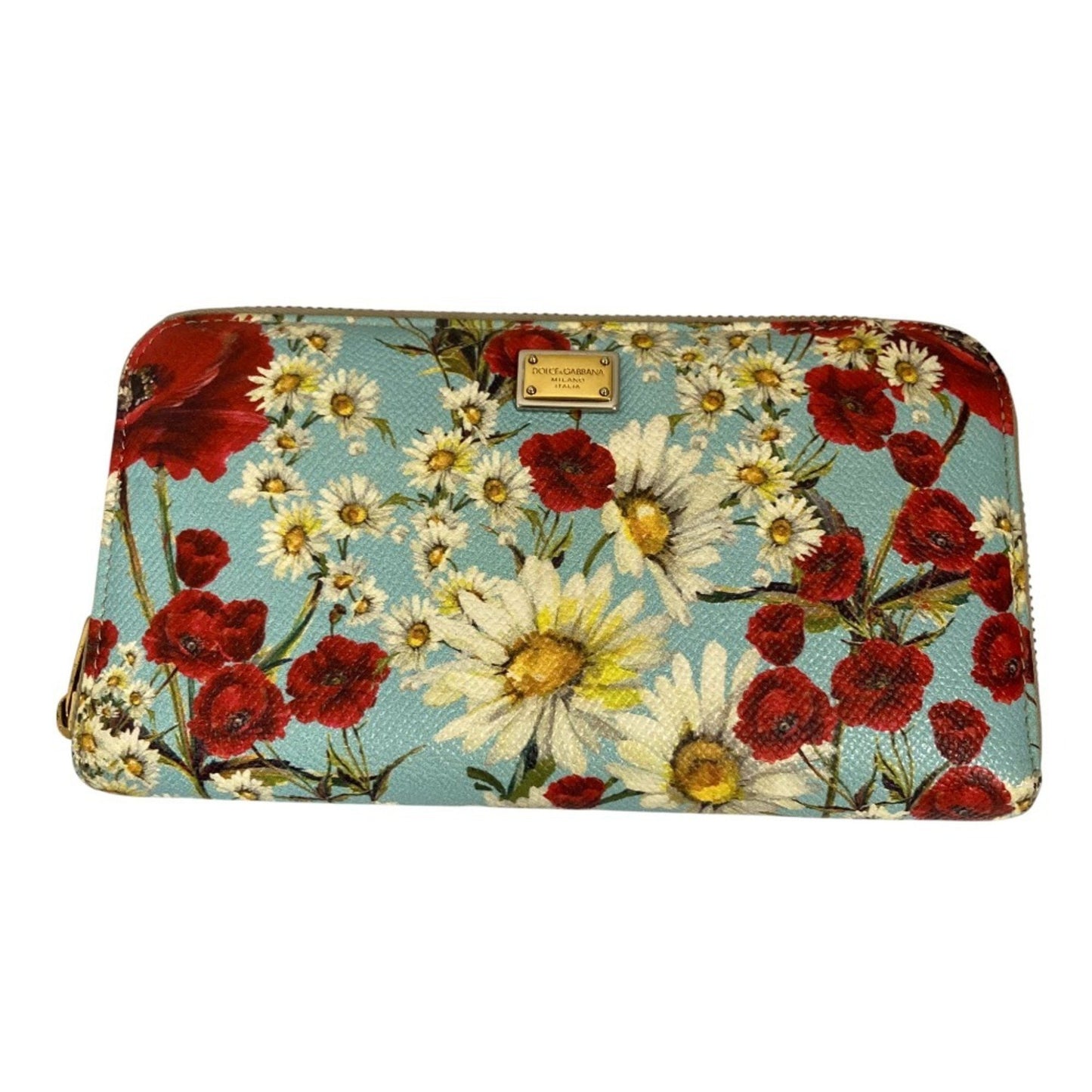 Dolce & Gabbana Floral Print Round Zip Long Wallet In Light Blue