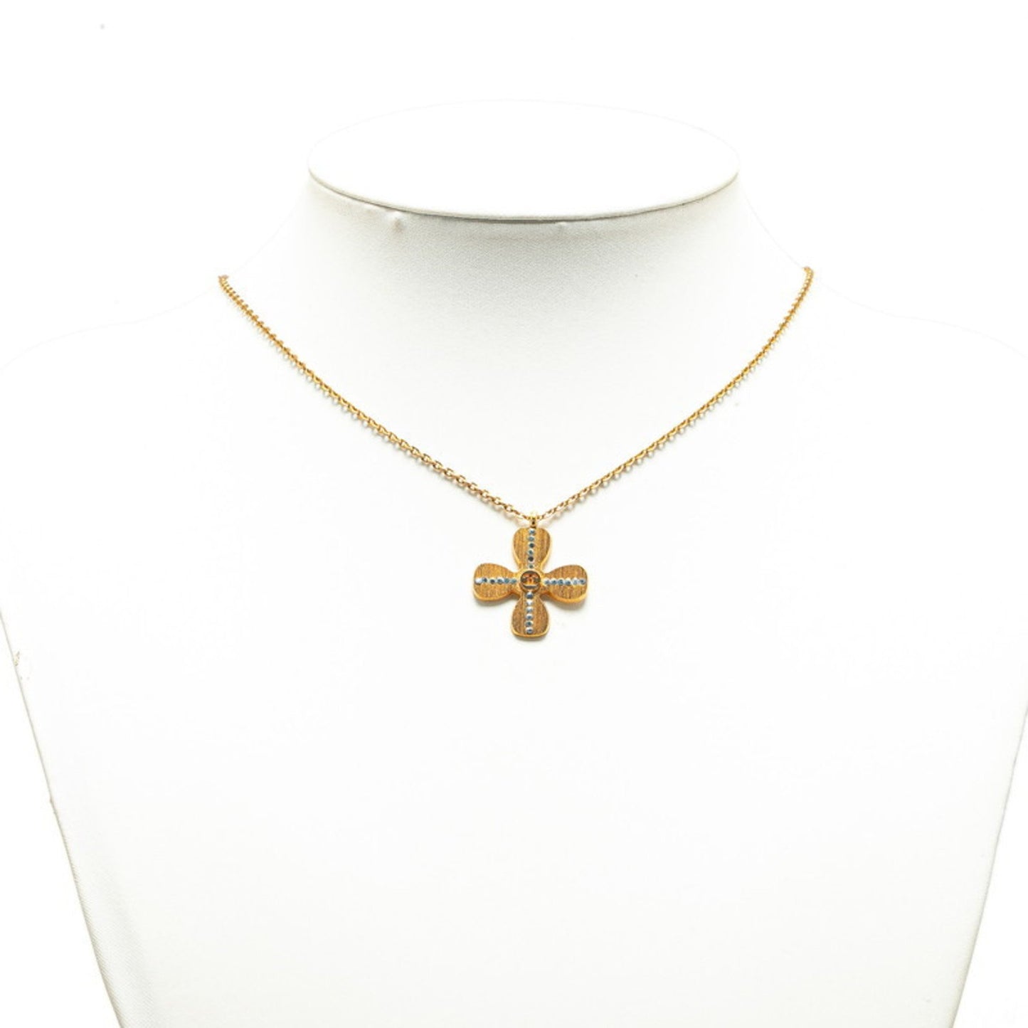Chanel Clover Motif Rhinestone Coco Mark Necklace Gold Plated