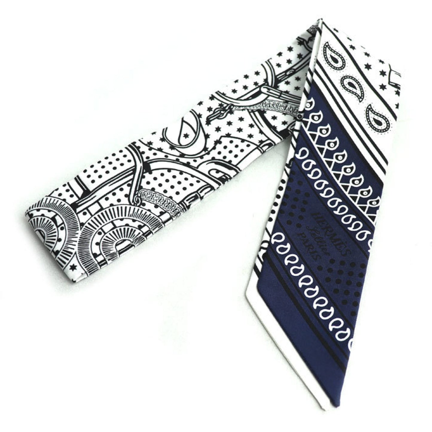 Hermes Twilly Eperon D'Or Golden Spur Scarf Muffler In White/Black/Marine (H062978S 06)