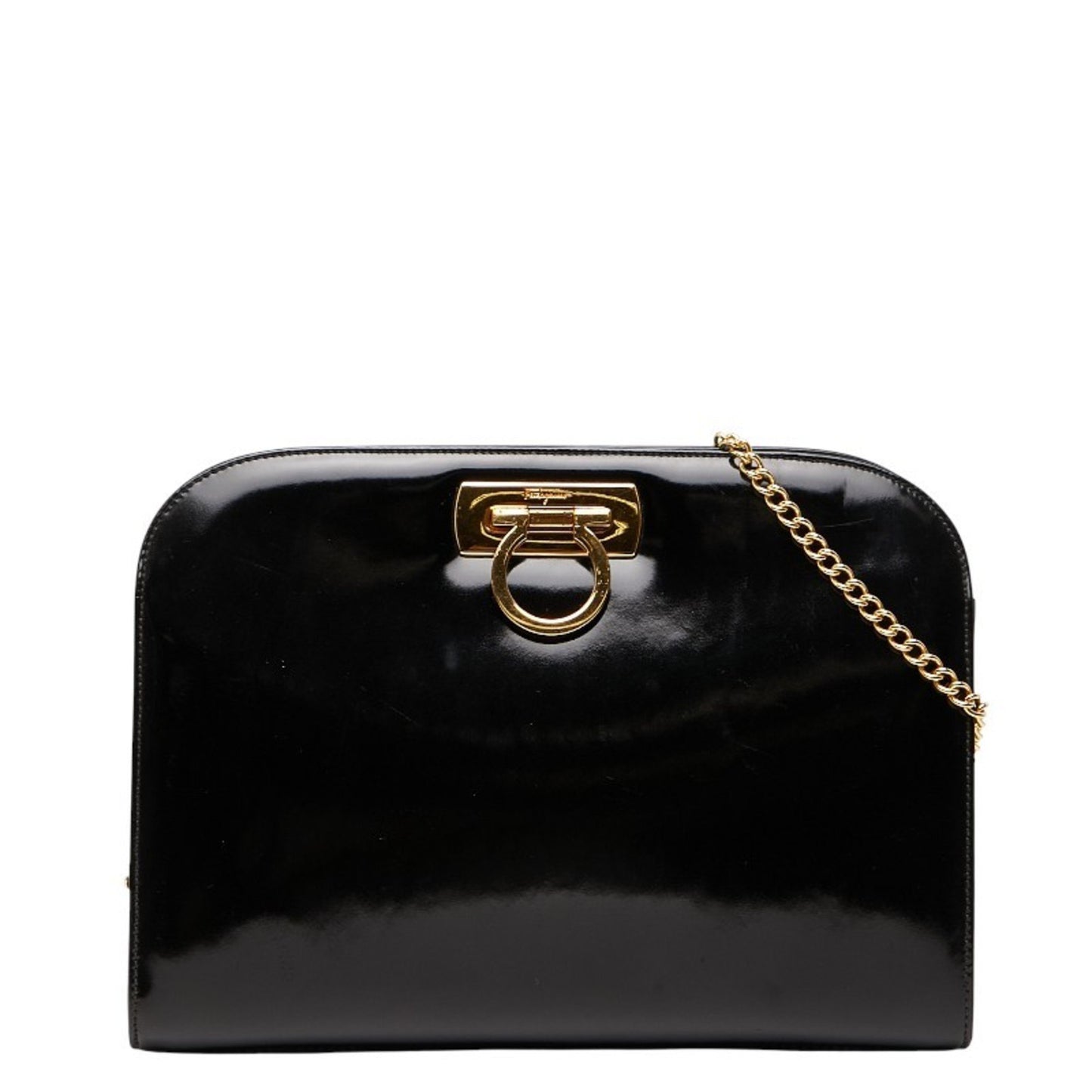 Salvatore Ferragamo Gancini Chain Shoulder Bag In Black Patent Leather