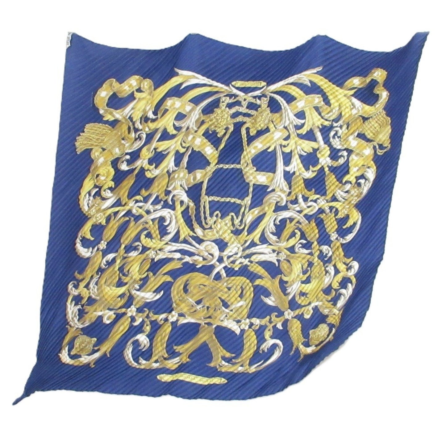 Hermes Le Mors A La Conetable Pleated Silk Scarf/Muffler In Navy