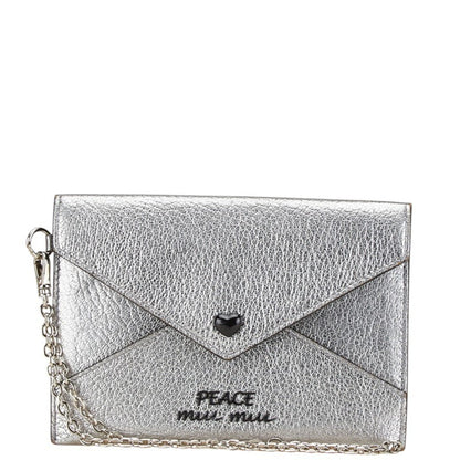 Miu Miu Miu Madras Love Peace Metallic Mini Wallet Pouch 5Mf01P Silver Black Leather