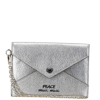 Miu Miu Miu Madras Love Peace Metallic Mini Wallet Pouch 5Mf01P Silver Black Leather