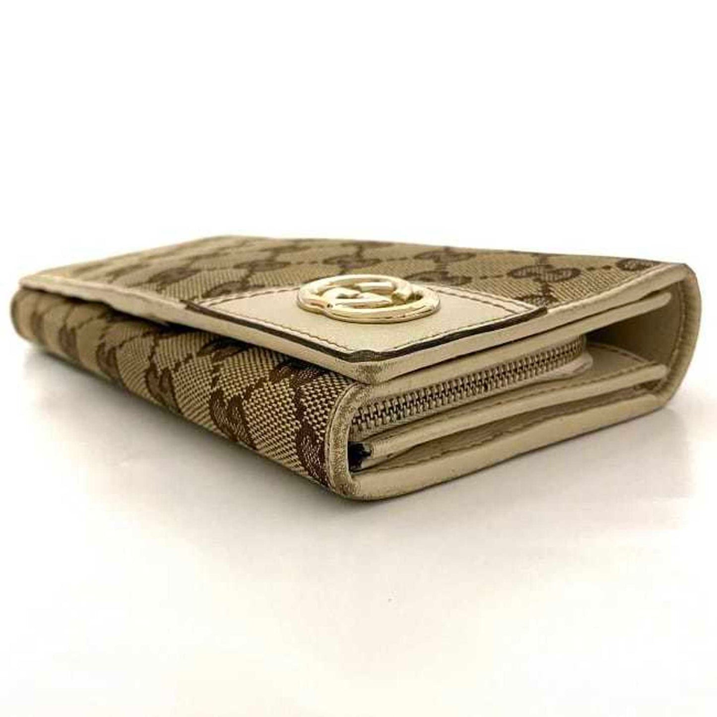 Gucci Bifold Long Wallet Beige White Brown Gold New Bullitt 204836 Gg Canvas Leather Gucci