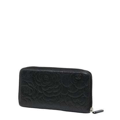 Chanel Coco Mark Camellia Round Zip Long Wallet In Black Lambskin