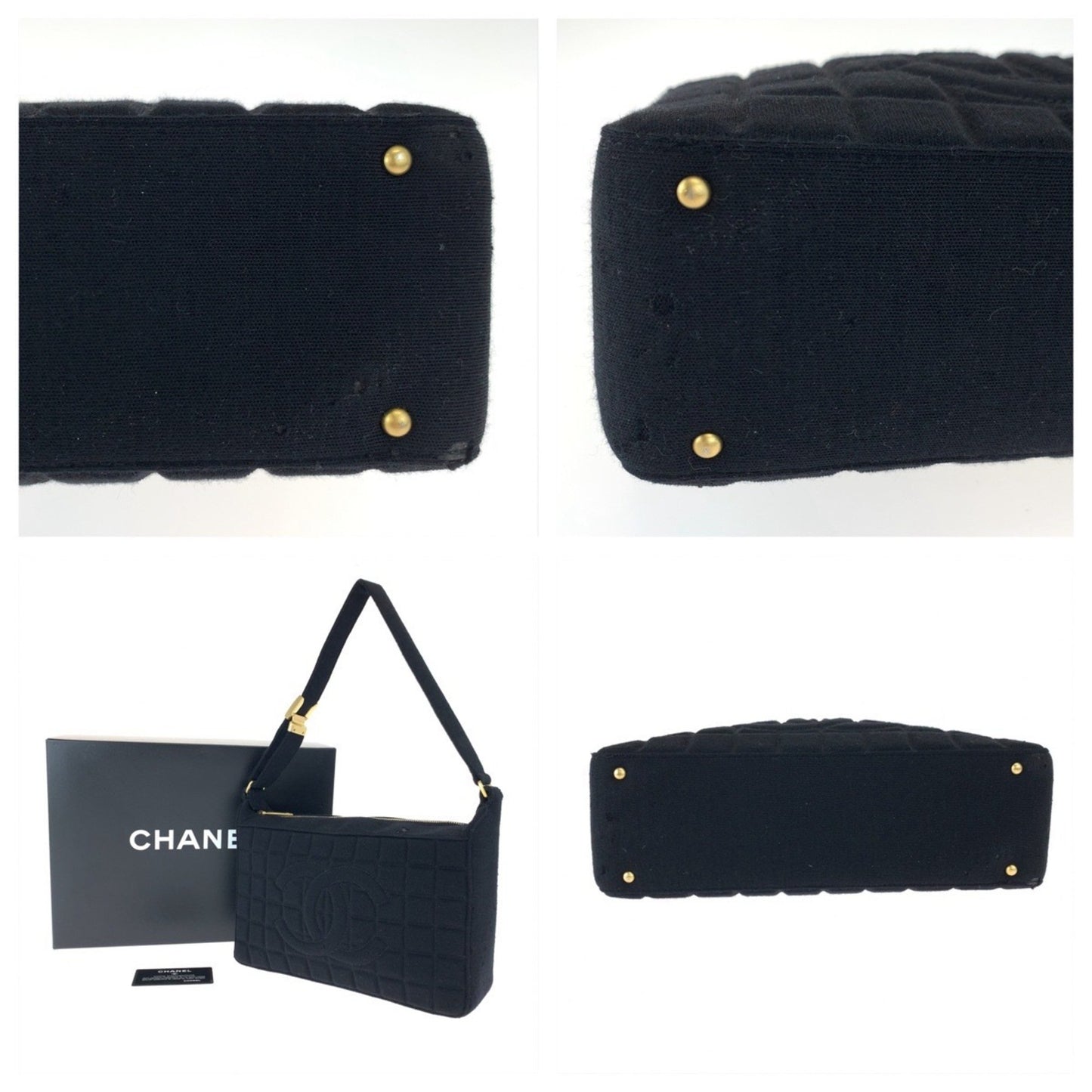 Chanel Vintage Chocolate Bar Coco Mark Black Canvas Shoulder Bag With Gold Hardware