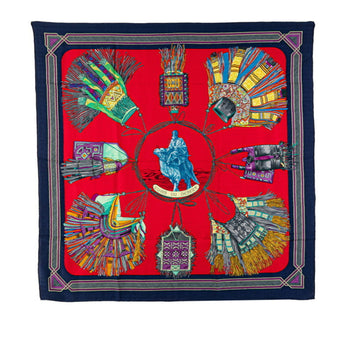 Hermes Carre 90 Cuirs Du Desert Desert Leather Scarf Muffler Red Multicolor Silk
