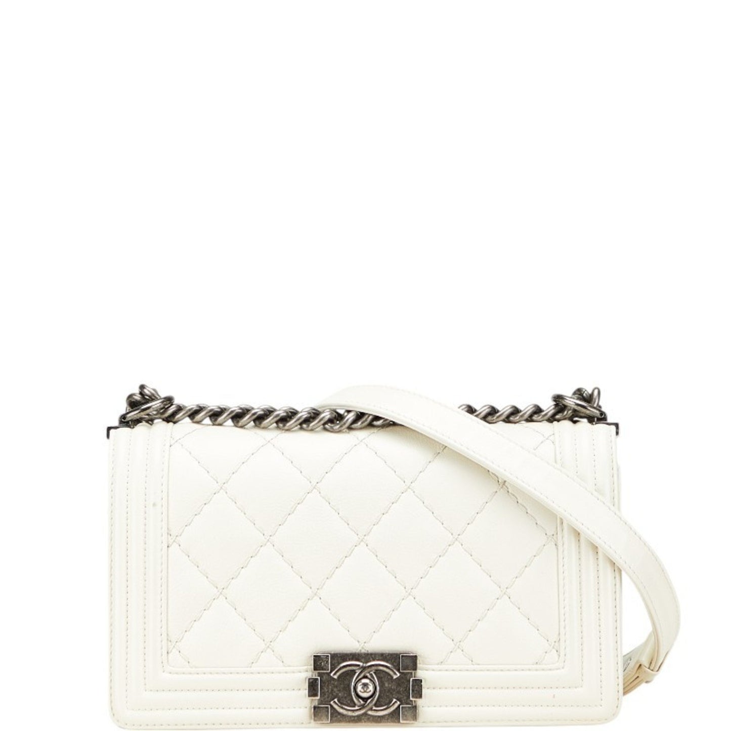 Chanel Matelasse Boy Chanel Coco Mark Chain Shoulder Bag White Leather