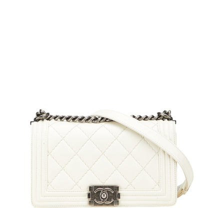 Chanel Matelasse Boy Chanel Coco Mark Chain Shoulder Bag White Leather