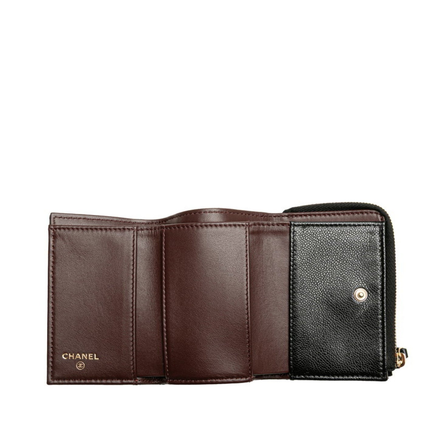 Chanel Matelasse Coco Mark Tri-Fold Wallet In Black Caviar Skin