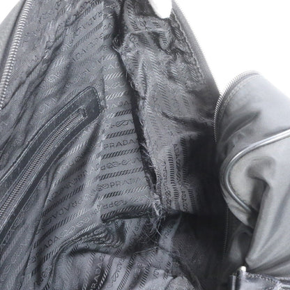 Prada Tessuto Nylon Triangular Logo Leather Boston Bag Tote Travel Black