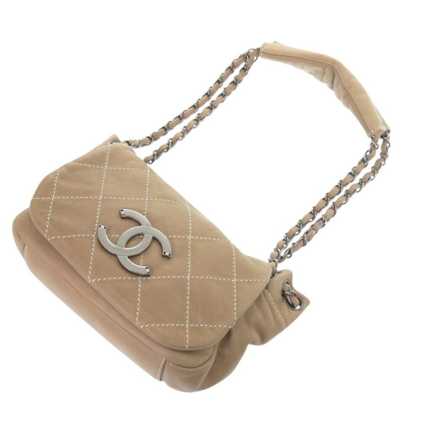Chanel Wild Stitch Coco Mark Chain Shoulder Bag Lambskin Beige 0157Chanel