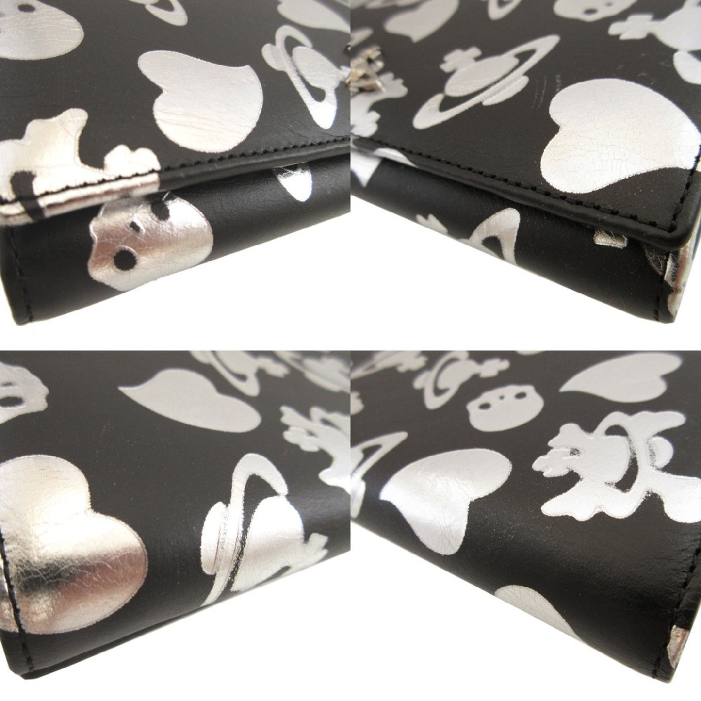 Like New Vivienne Westwood Orb Pattern Heart Leather Bifold Long Wallet In Black And Silver