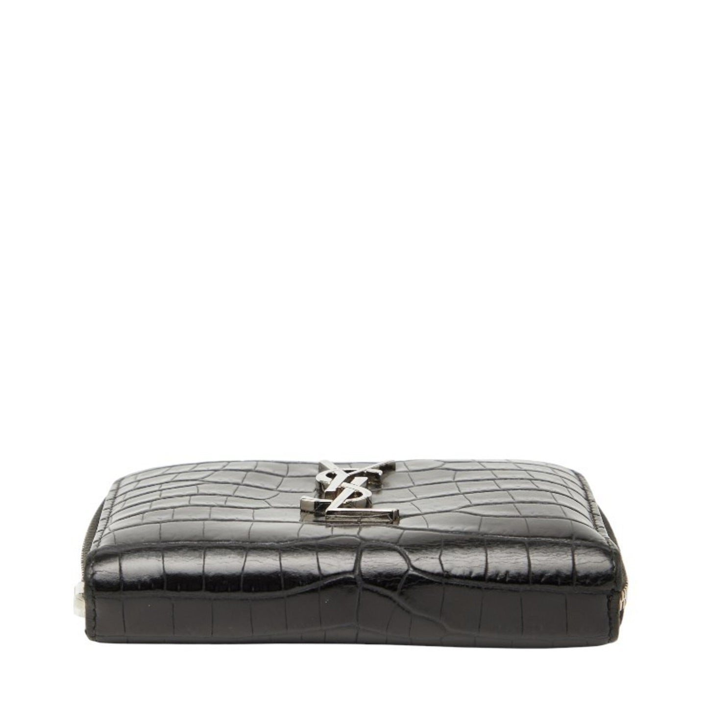 Saint Laurent Ysl Logo Crocodile Embossed Round Zipper Bifold Wallet 403964 Black Leather