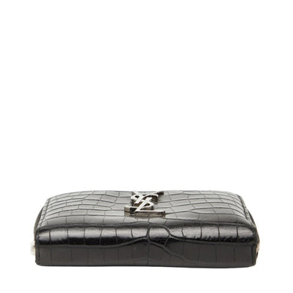 Saint Laurent Ysl Logo Crocodile Embossed Round Zipper Bifold Wallet 403964 Black Leather