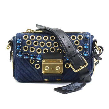 Miu Miu Miu Shoulder Bag Denim Leather Indigo Blue Black Gold