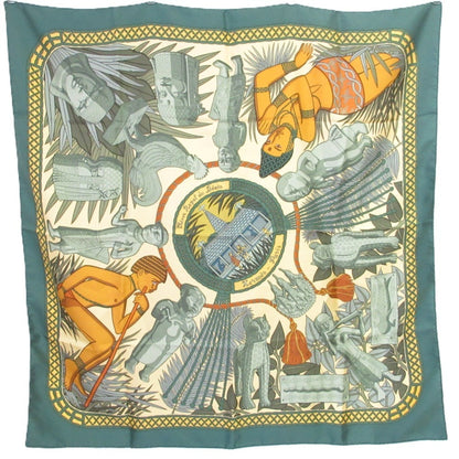 Hermes Carr 90 "Treasure Of The Royal Family Benin" Large Silk Scarf/Muffler Green