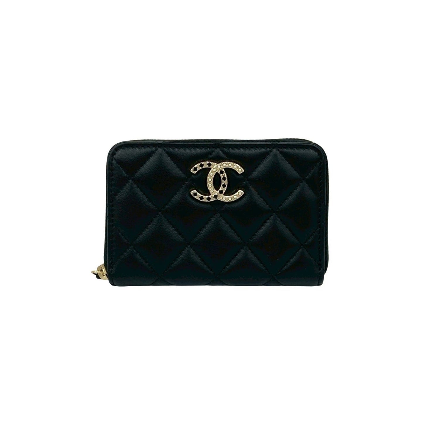 Unused Chanel Matelasse Coco Mark Rhinestone Lambskin Coin Case Wallet Black 21588