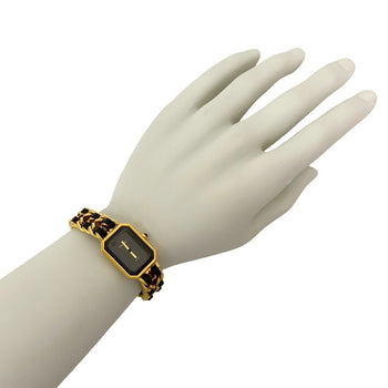 CHANEL Premiere M size quartz stainless steel leather wristwatch gold black 38479