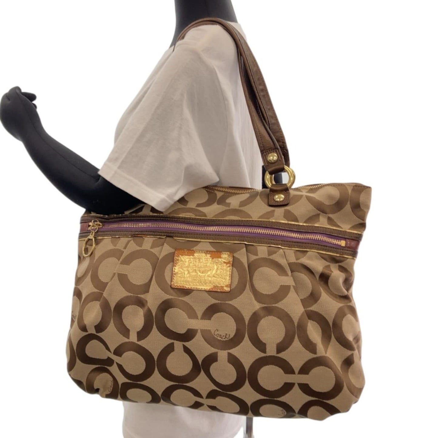 Coach Op Art Beige Purple Gold Hardware Canvas Tote Bag Shoulder