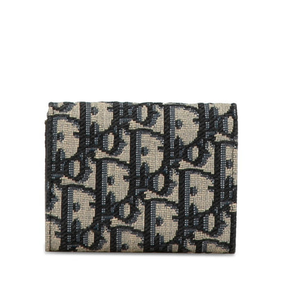 Christian Dior Dior Oblique Tri-Fold Wallet Navy Beige Canvas Leather