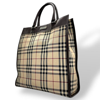 Burberry Nova Check Handbag Tote Bag In Beige And Brown Canvas Leather With Silver Hardware For Men