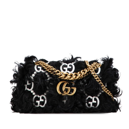 Gucci Gg Marmont Pattern Chain Shoulder Bag/Handbag 752026 Black/White Faux Fur/Leather