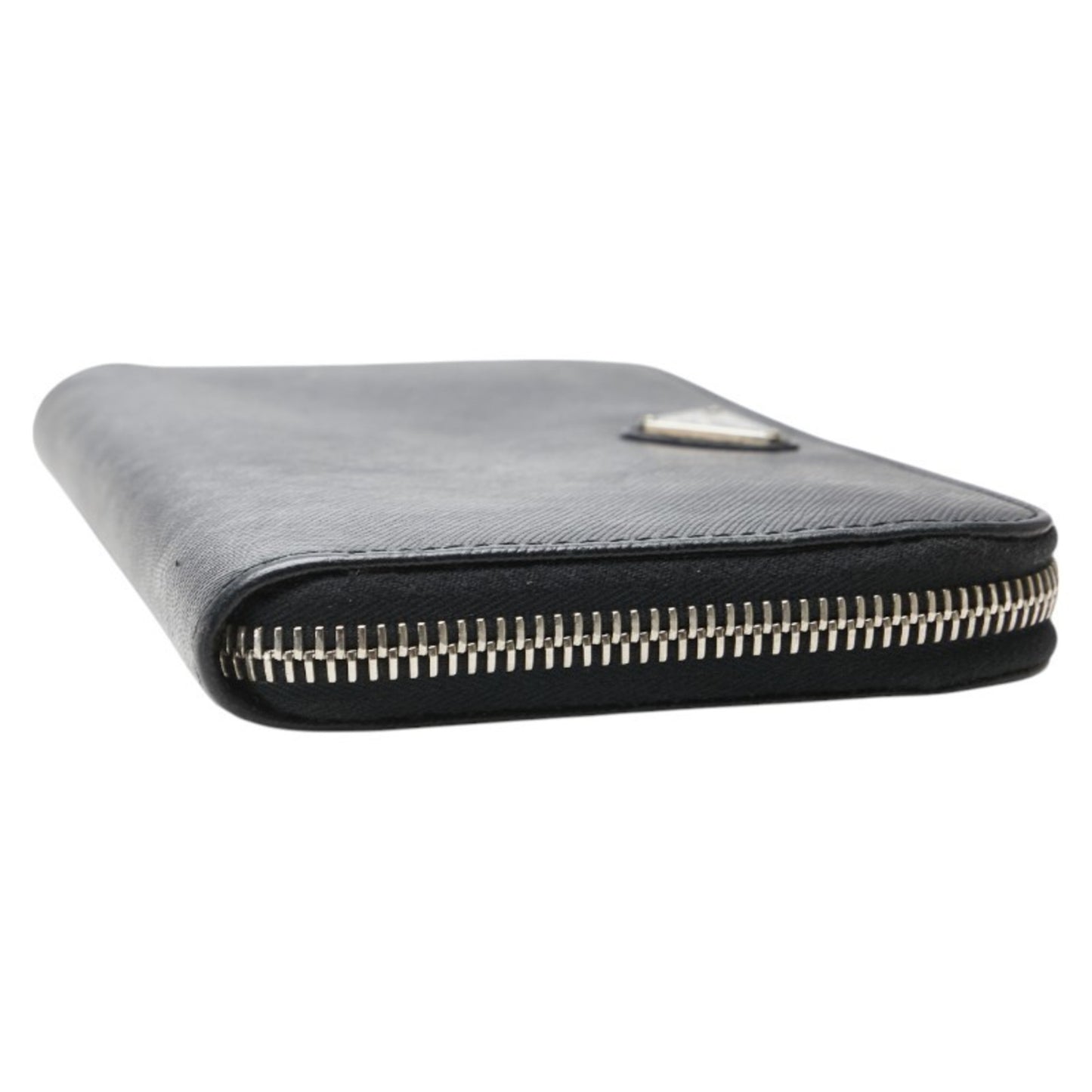 Prada Triangle Logo Plate Long Wallet Round Zipper Black Leather