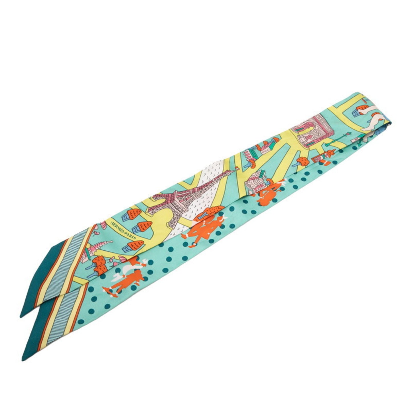 Herms Twilly "Les Nouveaux Amoureux De Paris" New Paris Lovers Scarf/Muffler Green Multicolor Silk