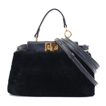 Fendi Shoulder Bag Handbag Micro Peekaboo Fur Leather Black Gold