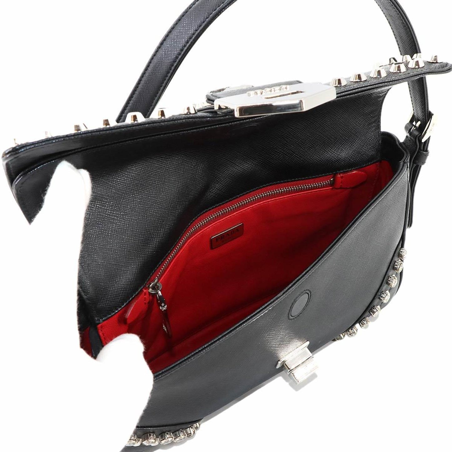 Prada Bejeweled Studded Shoulder Bag In Saffiano Leather (Black)