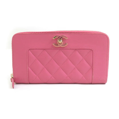 Chanel Round Long Wallet Leather Pink Gold