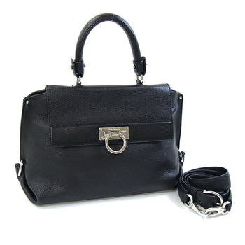 Salvatore Ferragamo Gancini Sofia Handbag 21A896 Black Leather Shoulder Bag