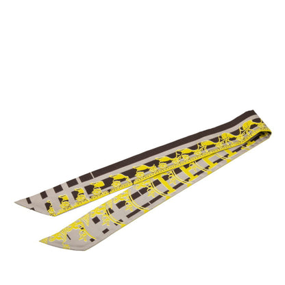 Herms Twilly Ginza 5-4-1 Store 10Th Anniversary Scarf Gray Yellow Brown Silk