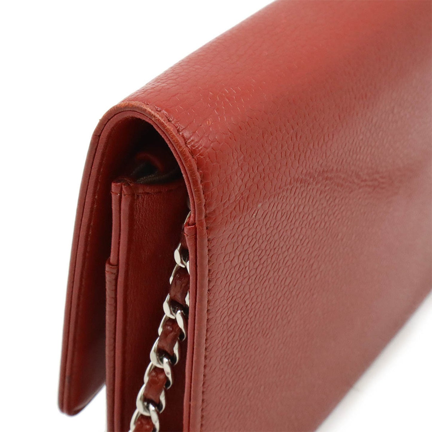 Chanel Coco Mark Caviar Skin Chain Wallet Shoulder Bag Leather Red 8654